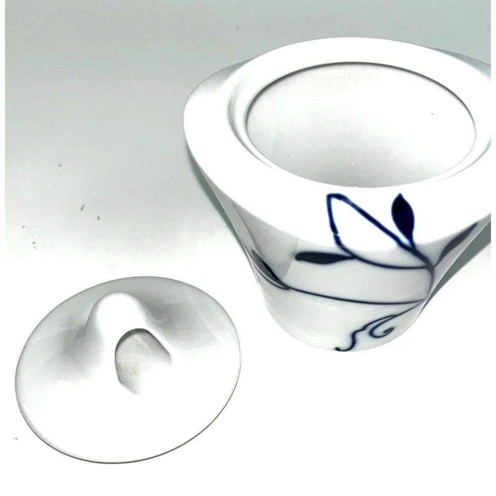 Crate & Barrel Lidded Ceramic Sugar Bowl White Blue Floral Farmhouse Decorative